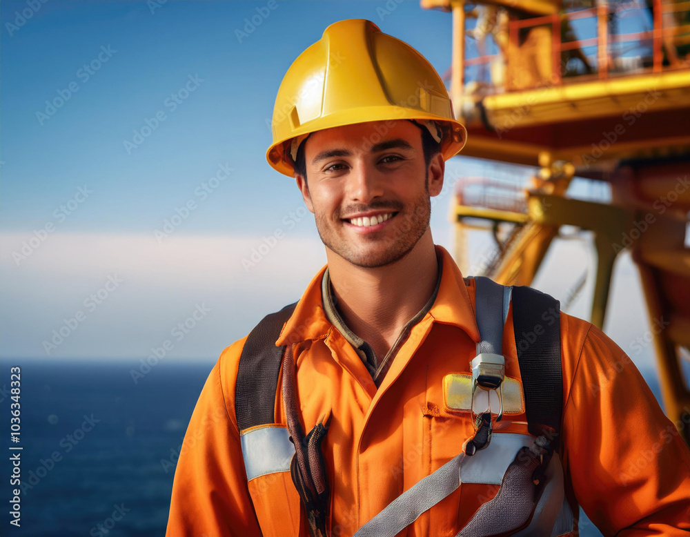 Portrait of a man oil rig worker with a helmet in front of the offshore rig Portrait of a man oil rig worker with a helmet in front of the offshore rig