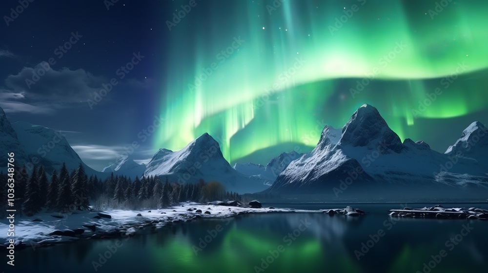 Naklejka premium Breathtaking aurora borealis over lofoten islands in norway with stunning night sky and vibrant polar lights reflecting on calm water, winter landscape featuring natural phenomena and majestic norther