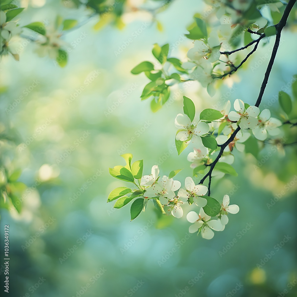 A serene close-up of flowering branches with green leaves, evoking tranquility and the beauty of nature. A serene close-up of flowering branches with green leaves, evoking tranquility and the beauty of nature.
