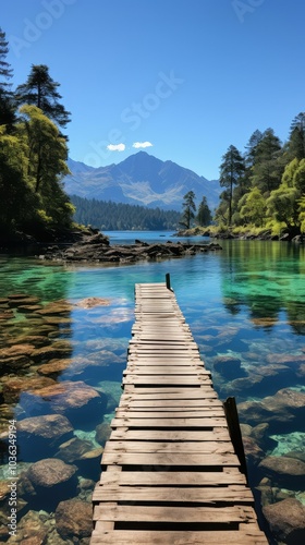 Wooden dock leads to mountains