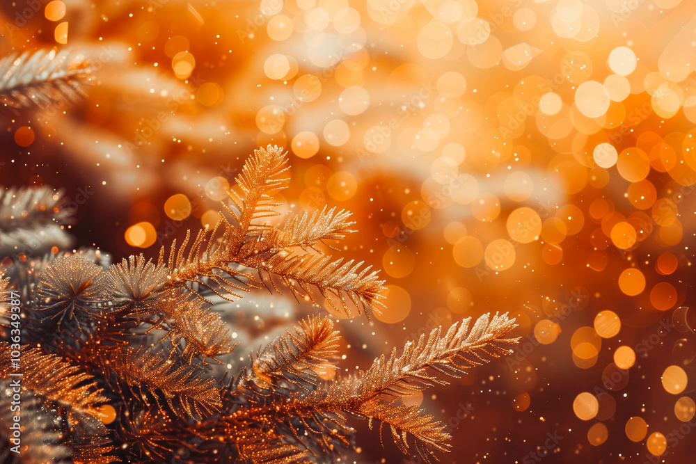 Fototapeta premium Christmas tree branches on golden glitters bokeh wide background banner