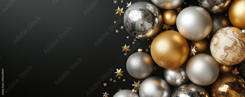 Elegant black background with gold and silver balloons for party decoration. Elegant black background with gold and silver balloons for party decoration.