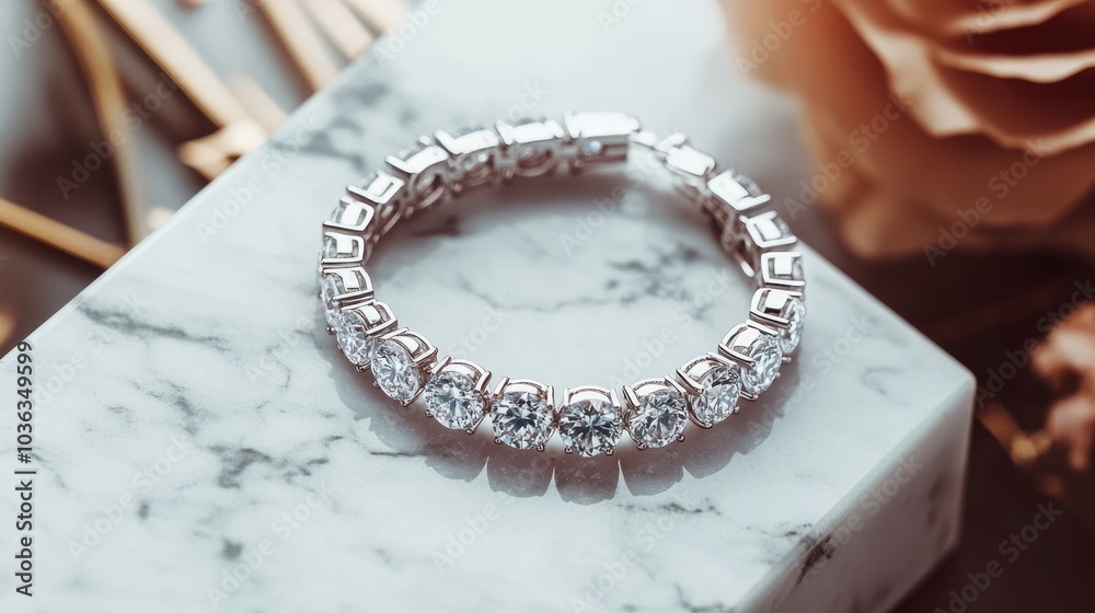 Elegant Silver Bracelet with Sparkling Gems on Marble