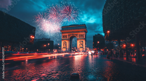 Celebrating National Champagne Day with fireworks over the Arc de Triomphe in Paris photo