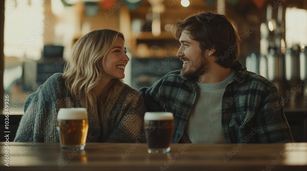 Couple enjoys celebration at a cozy bar on National Champagne Day with drinks and laughter Couple enjoys celebration at a cozy bar on National Champagne Day with drinks and laughter