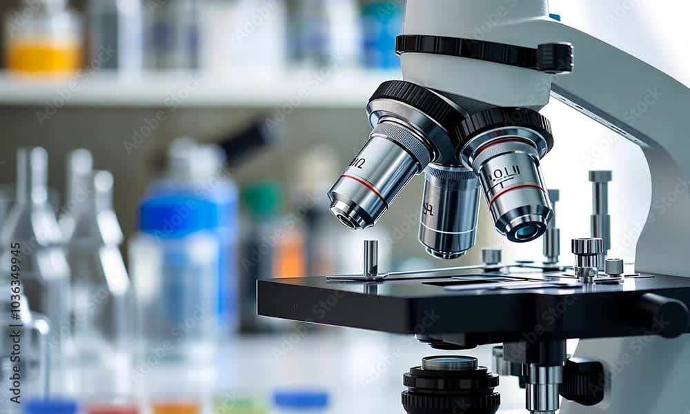 Close-up of a microscope lens with a blurry background of laboratory equipment. Close-up of a microscope lens with a blurry background of laboratory equipment.