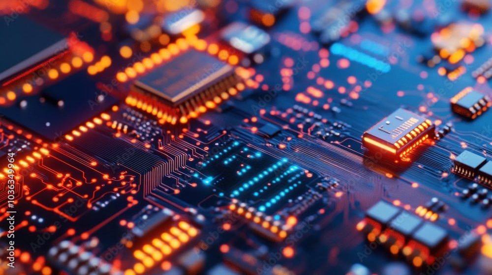 Obraz premium Close-up of a circuit board showcasing intricate electronic components and connections.