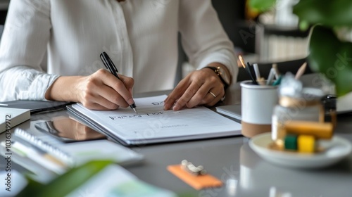 A person writing in a notebook at a desk surrounded by stationery and plants.