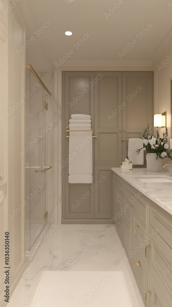 A serene bathroom scene with brass towel racks, greige cabinetry, and marble flooring, illuminated by the soft glow of the evening rain outside, giving the space a calm and cozy ambiance A serene bathroom scene with brass towel racks, greige cabinetry, and marble flooring, illuminated by the soft glow of the evening rain outside, giving the space a calm and cozy ambiance
