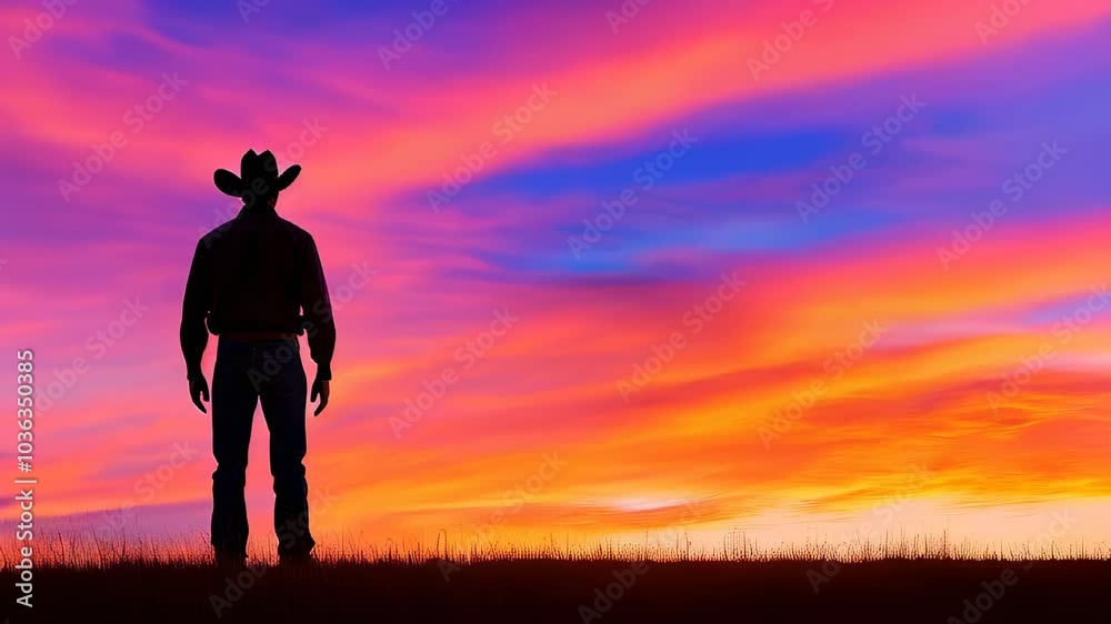 A silhouette of a cowboy standing against a breathtaking sunset sky, filled with vibrant pink, purple, and orange hues. A silhouette of a cowboy standing against a breathtaking sunset sky, filled with vibrant pink, purple, and orange hues.
