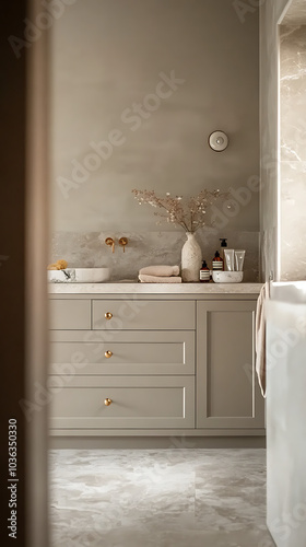 A modern cottagecore bathroom in Chiangmai, featuring greige cabinets with brass handles, a marble tile floor, and soft evening light filtering through a rain-soaked window, creating a warm 
