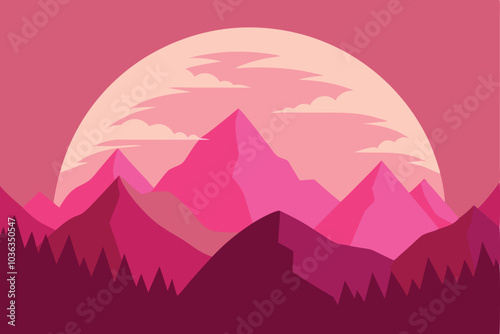 Beautiful pink mountain silhouette landscape with fog and sunrise and sunset in mountains background. Outdoor and hiking vector concept