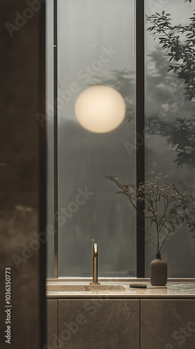 A beautifully designed cottagecore bathroom in Chiangmai, with greige cabinets, brass accents, and marble tiles, set against the moody backdrop of a rainy evening, the soft glow enhancing the 