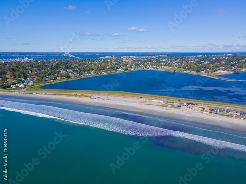 Easton Beach aerial view in fall between city of Newport and Middletown, Rhode Island RI, USA. 