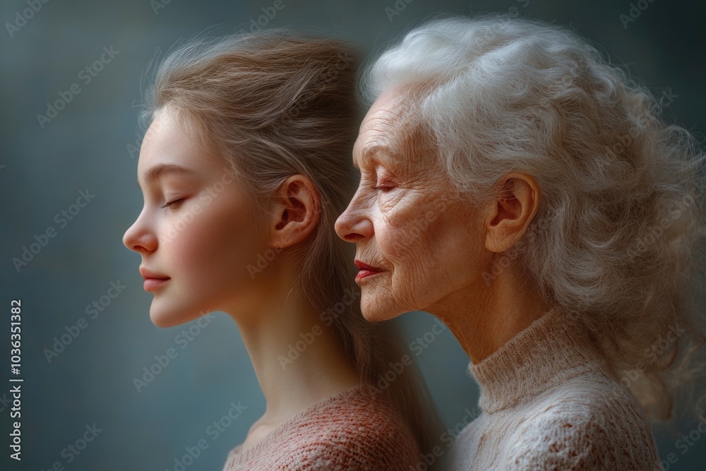 Aging journey: a portrayal of a female persona reflecting the changes of age, emphasizing the visual evolution of a woman’s face as she transitions through the natural stages of life. Aging journey: a portrayal of a female persona reflecting the changes of age, emphasizing the visual evolution of a woman’s face as she transitions through the natural stages of life.