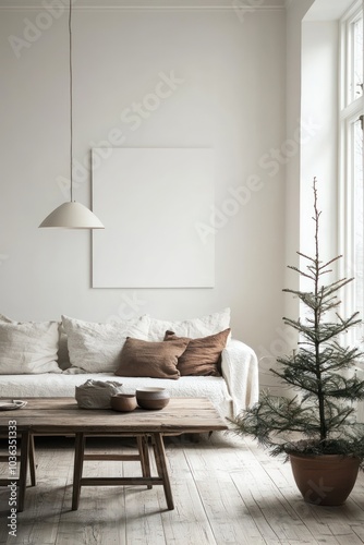 Festively decorated Scandinavian-style living room with a clear wall for display.