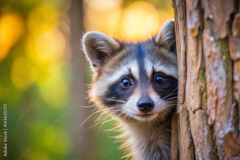 Obraz premium Playful raccoon peeking behind tree in farm cute wallpaper