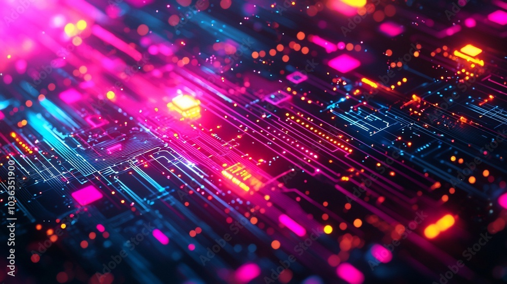 Abstract glowing circuit board with neon lights. Abstract glowing circuit board with neon lights.