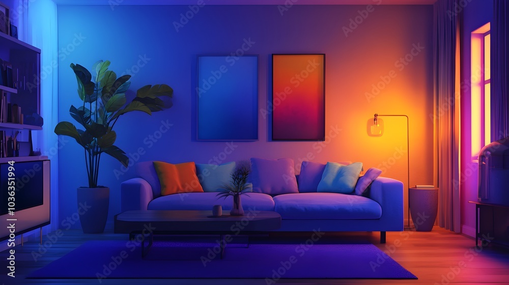 Modern Living Room with Colorful Lighting and Cozy Furniture Modern Living Room with Colorful Lighting and Cozy Furniture