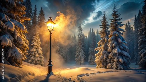 A solitary lamppost casts a warm glow on a snowy forest path, illuminating the frost-covered trees and creating a magical winter scene. photo