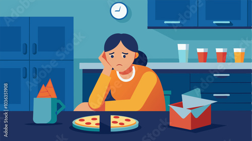 The kitchen counter is a battlefield littered with empty takeout containers and halfeaten pizza slices while a woman huddles in the corner mentally exhausted from her continued. Vector illustration