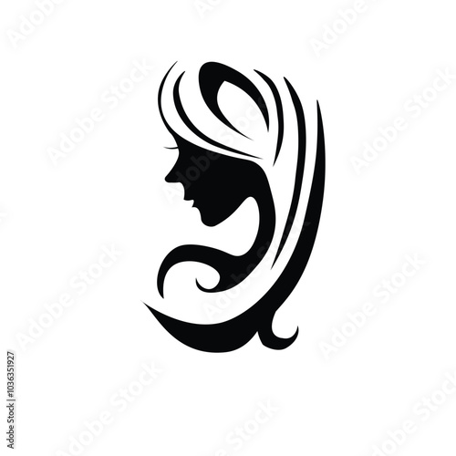 Woman head silhouette logo, minimalist, vector art illustration, beautiful hair