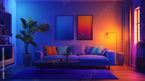 Modern Living Room with Colorful Lighting and Cozy Furniture