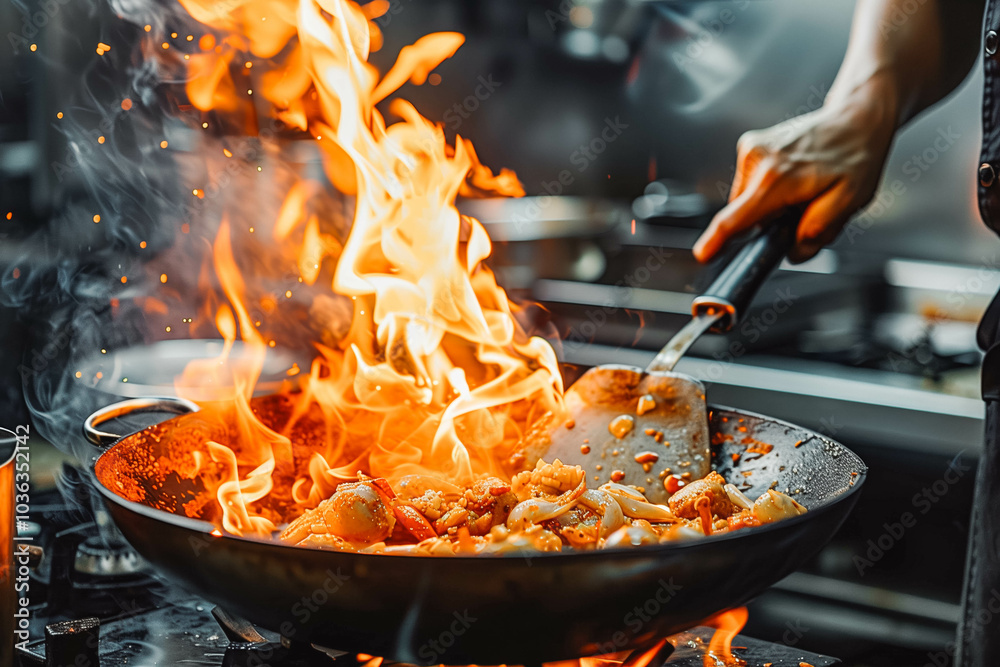 Close-up Professional chef hands cook food with fire in kitchen at restaurant. Close-up Professional chef hands cook food with fire in kitchen at restaurant.