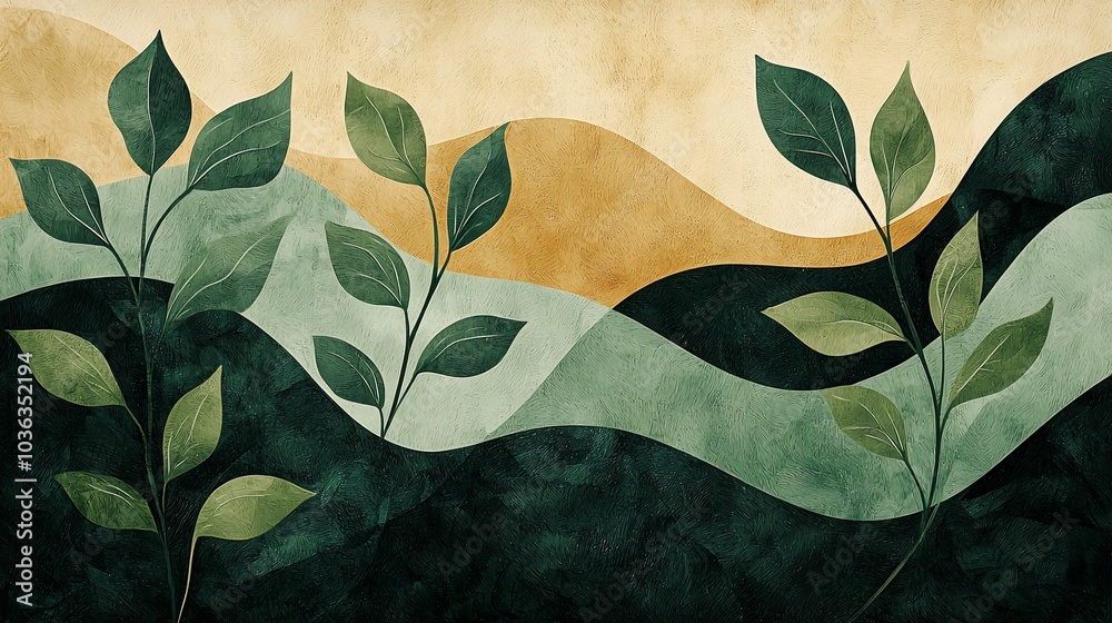 Abstract landscape with green leaves and wavy lines in shades of green and yellow. Abstract landscape with green leaves and wavy lines in shades of green and yellow.