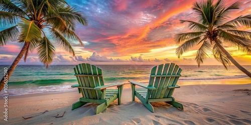 Two wooden chairs placed on a sandy beach with palm trees and an ocean sunset in the background.