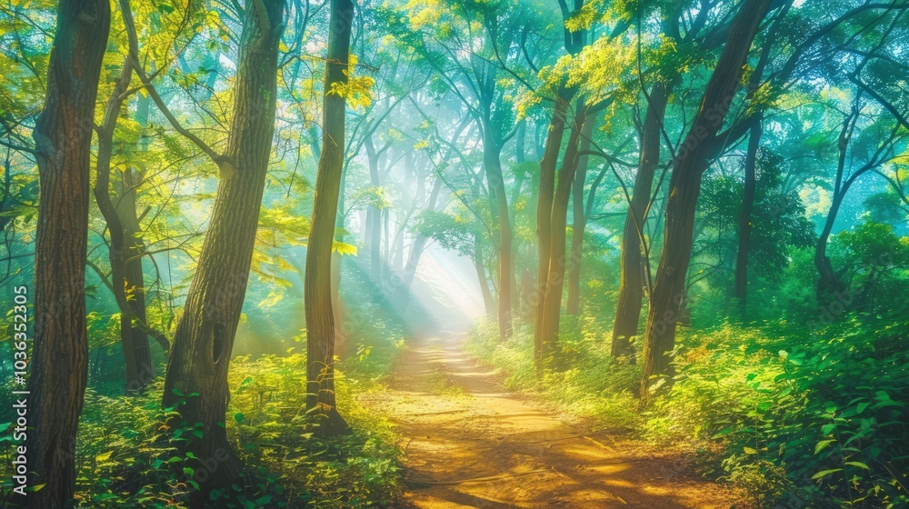 Sunbeams Illuminating a Forest Path Sunbeams Illuminating a Forest Path