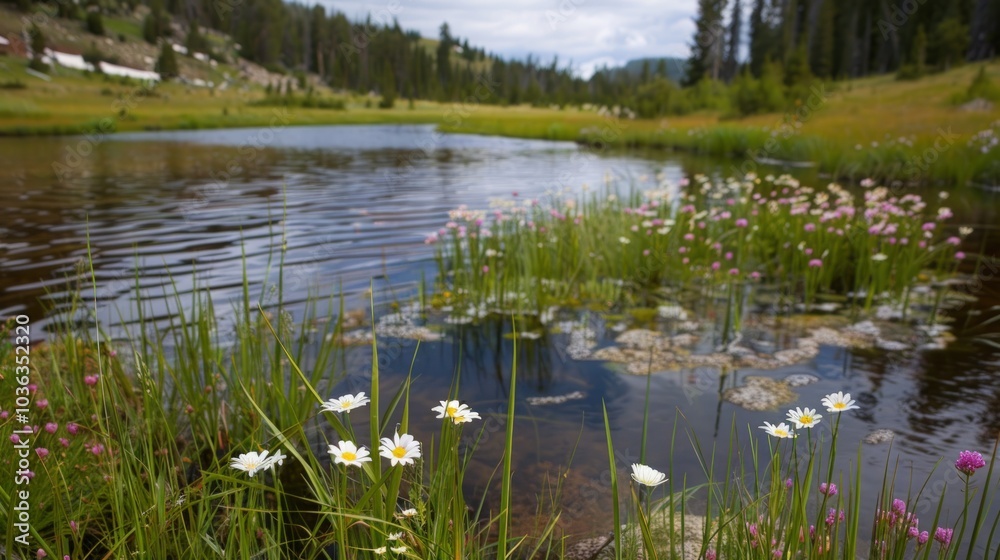 Obraz premium Serene Pond with Daisies and a Misty Background
