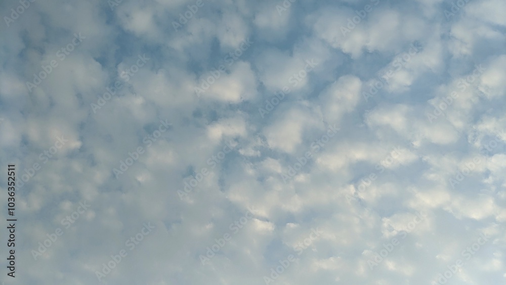 A blue sky with numerous small, white clouds. The clouds are arranged in a grid-like pattern, creating a geometric effect. The sky appears bright and sunny. A blue sky with numerous small, white clouds. The clouds are arranged in a grid-like pattern, creating a geometric effect. The sky appears bright and sunny.