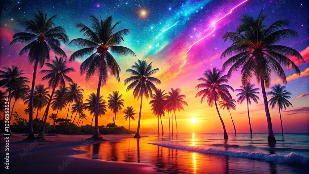 Obraz premium A vibrant tropical beach sunset with a starry sky and palm trees silhouetted against the horizon