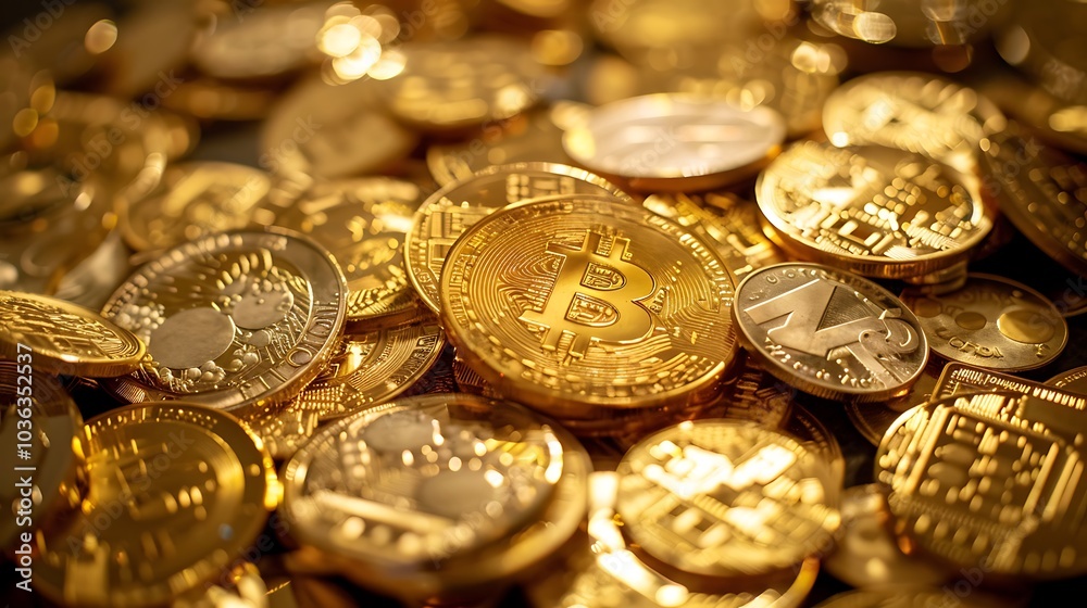 A close-up view of various cryptocurrency coins, highlighting their designs and metallic textures. A close-up view of various cryptocurrency coins, highlighting their designs and metallic textures.
