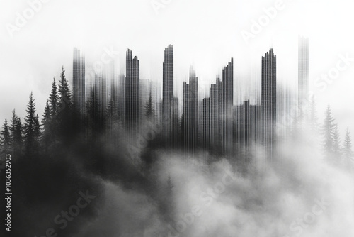 A city skyline is blurred by fog, with tall buildings