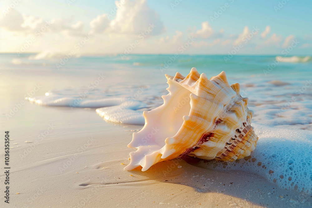 conch shell on beach immersed in water in summer time conch shell on beach immersed in water in summer time