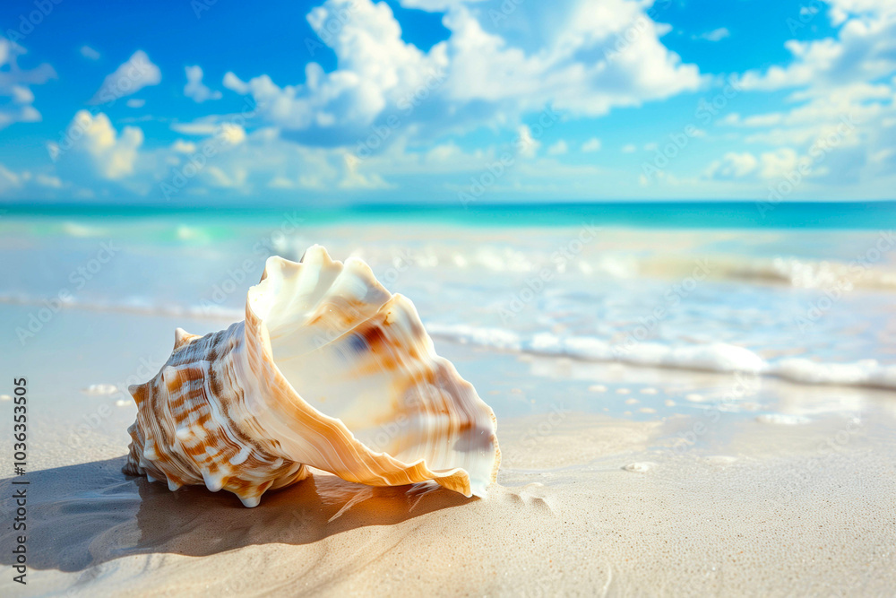 conch shell on beach immersed in water in summer time conch shell on beach immersed in water in summer time