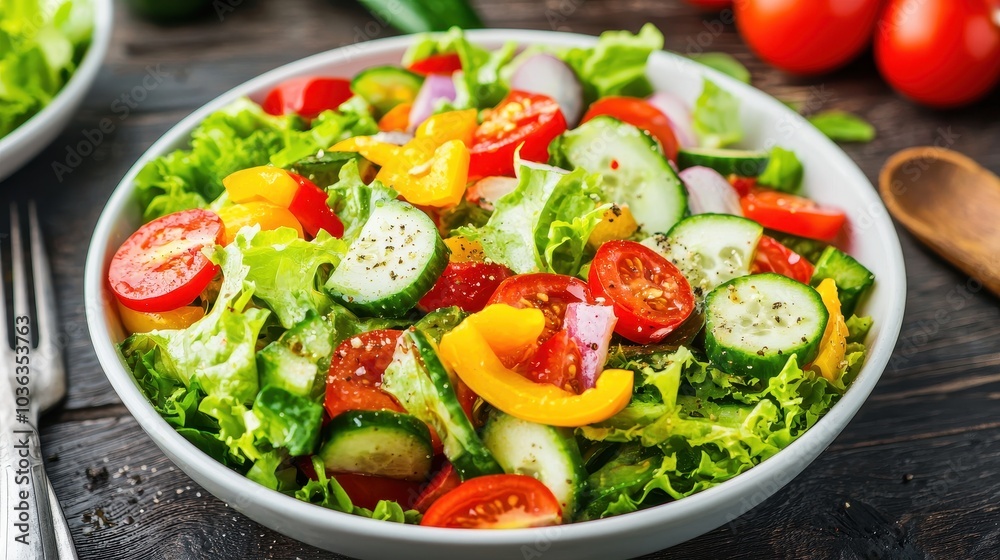A vibrant salad featuring mixed greens, cherry tomatoes, cucumbers, and colorful bell peppers in a rustic bowl. A vibrant salad featuring mixed greens, cherry tomatoes, cucumbers, and colorful bell peppers in a rustic bowl.