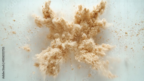 Explosion of brown powder against light background photo