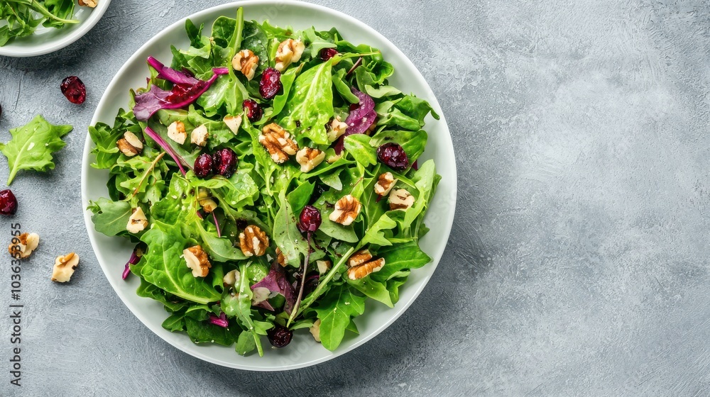 A fresh salad featuring leafy greens, walnuts, and berries, arranged in a white bowl on a textured grey surface. A fresh salad featuring leafy greens, walnuts, and berries, arranged in a white bowl on a textured grey surface.