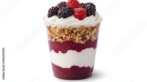 A layered dessert cup featuring cream, fruit puree, granola, and topped with fresh berries.