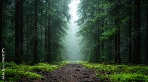 Enchanted forest path in misty green woods