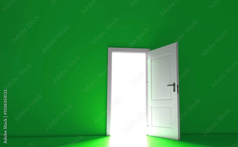 Open the door. Symbol of new career, opportunities, business ventures and initiative. Business concept. 3d render, white light inside open door isolated on green background. Modern minimal concept. Open the door. Symbol of new career, opportunities, business ventures and initiative. Business concept. 3d render, white light inside open door isolated on green background. Modern minimal concept.