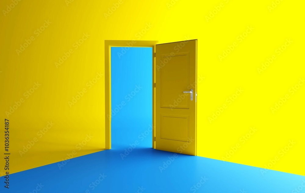 Open the door. Symbol of new career, opportunities, business ventures and initiative. Business concept. 3d render, blue light inside open door isolated on yellow background. Modern minimal concept. Open the door. Symbol of new career, opportunities, business ventures and initiative. Business concept. 3d render, blue light inside open door isolated on yellow background. Modern minimal concept.