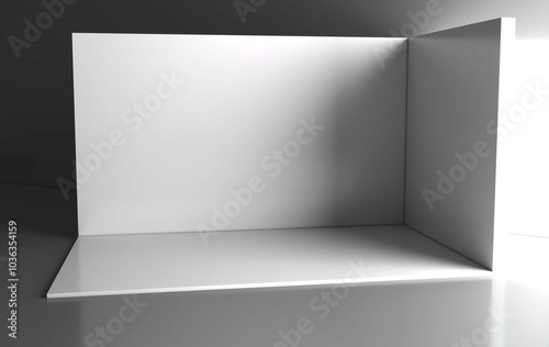 3D exhibition booth. Showroom. Square corner. Empty geometric square. Blank box template. White blank exhibition stand. Presentation event room. 