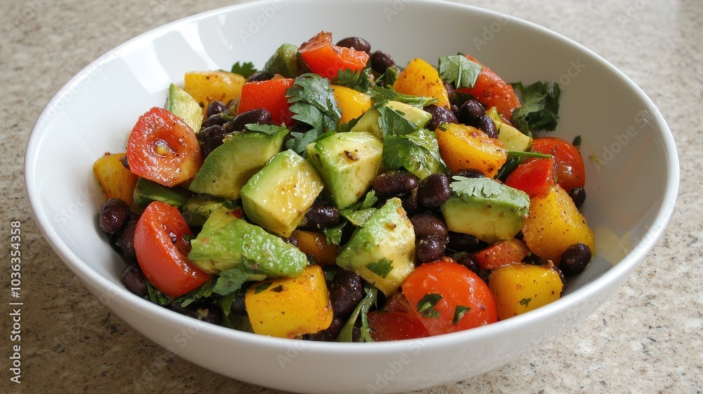 A vibrant, fresh salad featuring colorful ingredients like avocado, tomatoes, and beans, perfect for a healthy meal or side dish. A vibrant, fresh salad featuring colorful ingredients like avocado, tomatoes, and beans, perfect for a healthy meal or side dish.