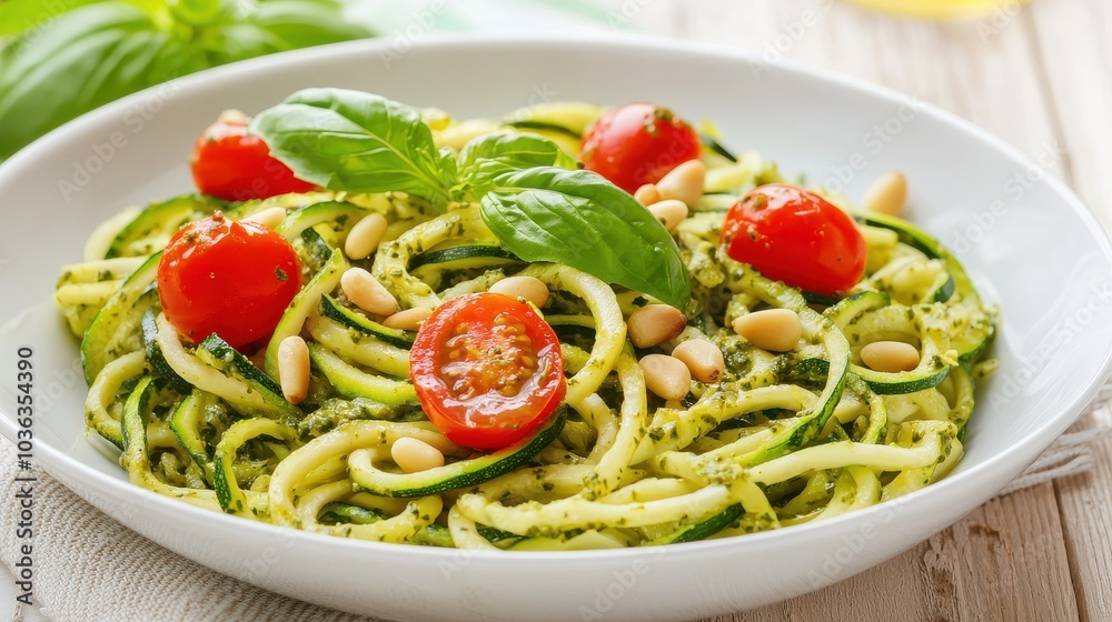 A vibrant dish of zucchini noodles topped with fresh basil, cherry tomatoes, and pine nuts, drizzled with pesto sauce. A vibrant dish of zucchini noodles topped with fresh basil, cherry tomatoes, and pine nuts, drizzled with pesto sauce.