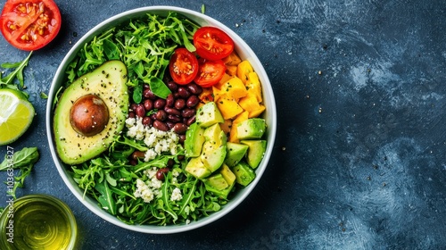 A vibrant salad bowl filled with fresh greens, avocado, tomatoes, and beans, drizzled with olive oil, showcasing a healthy meal option.