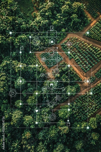 Aerial view of a farm with technology overlay. photo